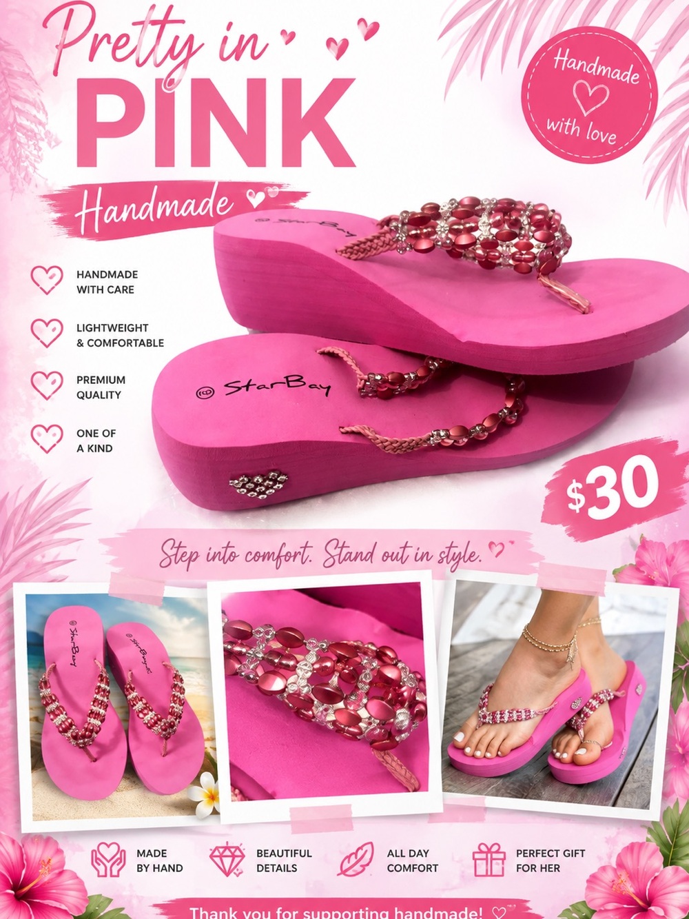 🩷. S-32.  Pink Beaded Platform Flip Flops - Women's